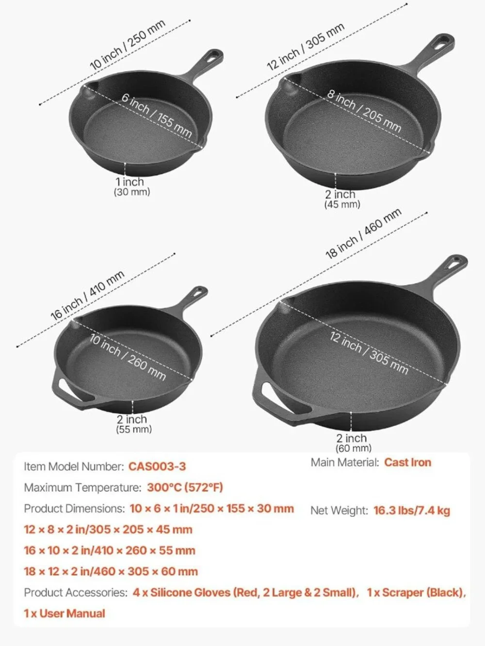 4-Piece Cast Iron Skillet Set - Pre-Seasoned Frying Pans with Silicone Handles